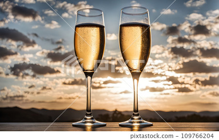 Two champagne flutes against sunset - Stock Image - F011/2837 - Science  Photo Library