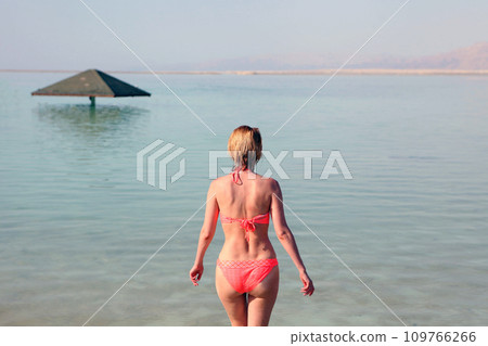 Silhouette of young woman walking on Dead Sea salt shore at sunrise towards the sun in Israel Silhouette of young woman walking on Dead Sea salt shore at sunrise towards the sun in Israel 109766266