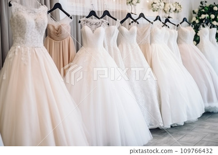Various wedding dresses in the wedding salon Various wedding dresses in the wedding salon 109766432