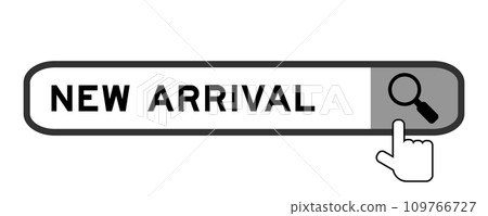 Search banner in word new arrival with hand over magnifier icon on white background Search banner in word new arrival with hand over magnifier icon on white background 109766727
