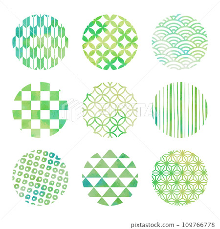綠色日本圖案圓圈插畫素材集（水彩風格向量） 109766778