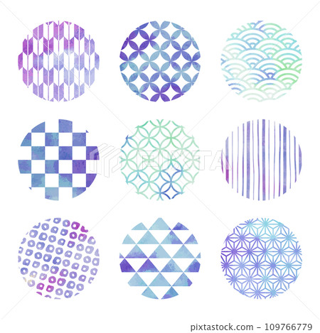 Blue Japanese pattern circle illustration material set (watercolor style vector) Blue Japanese pattern circle illustration material set (watercolor style vector) 109766779