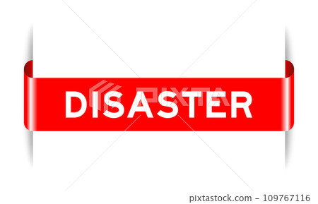 Red color inserted label banner with word disaster on white background 109767116