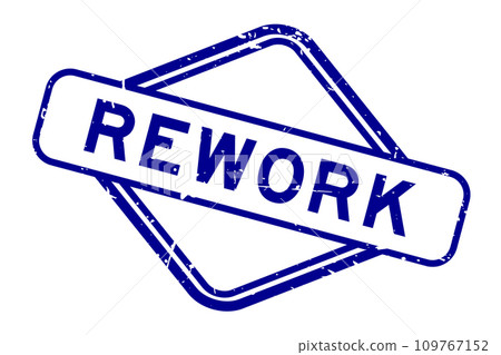 Grunge blue rework word rubber seal stamp on white background 109767152