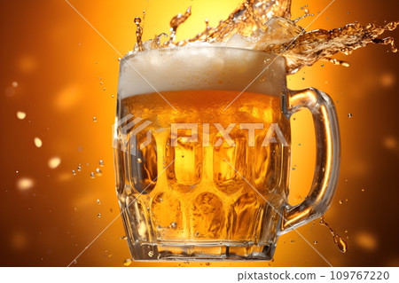 A beer mug on plain background. The beer is pale golden in color and have thick white foam on top. There was a little beer splashed on top. If you try a sip of cold beer, it will be very refreshing. 109767220