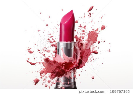 Bright pink magenta lipstick in a splatter, splashes and droplets of a broken lipstick texture. Isolated on a white background. Close up. Fashion and style. Template for a cosmetics catalog. 109767365