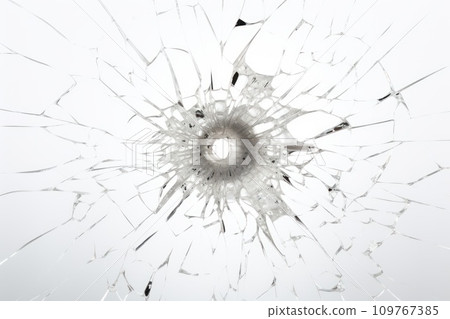Abstract texture. Broken glass window with hole in the middle and cracks. Glass shards. On a white background. Bullet hole in the glass. Copy Space. Textured Backdrop. Abstract texture. Broken glass window with hole in the middle and cracks. Glass shards. On a white background. Bullet hole in the glass. Copy Space. Textured Backdrop. 109767385
