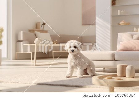 Purebred pedigreed white Bichon Frize dog in a modern interior of a bright, cozy living room in a Scandinavian style in soft colors. Cute puppy. Copy Space. Advertising, banner, poster, placard. 109767394