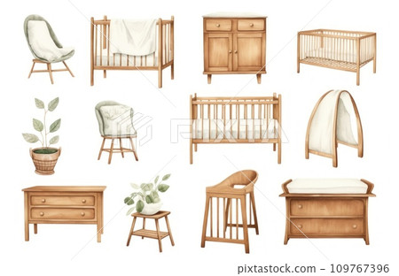 Set of baby furniture isolated on white background. Watercolor illustration. Scandinavian style. Natural materials furniture. Nursery decoration, crib, chair, changing table, chest of drawers, plants. Set of baby furniture isolated on white background. Watercolor illustration. Scandinavian style. Natural materials furniture. Nursery decoration, crib, chair, changing table, chest of drawers, plants. 109767396