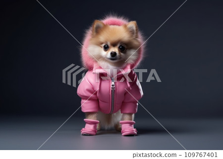 Glamorous Purebred pedigreed Pomeranian dwarf Spitz dog dressed in pink jacket and boots. Copy space. Isolated on dark background. Cute stylish puppy. Clothes for dogs. Advertising, banner, poster. 109767401