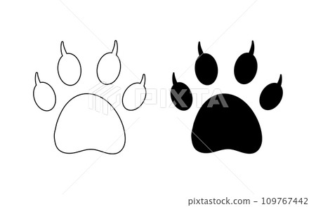 Cat paw footprint with claws on white. Vector. Silhouette, contour. Traces of tiger, lion, leopard, cheetah, jaguar, cougar, puma, serval, caracal, ocelot markings. Icon, clothing, print, pet store. 109767442
