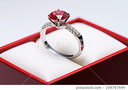Elegant wedding ring featuring large, vibrant red diamonds in red box on white backdrop. white gold or platinum with diamonds. showcasing in presentations, posters, banners, jewelry store brochures. 109767444