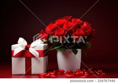 White gift box with ribbon, bow and bouquet of red roses. On dark red background. With copy space for text. Mockup, template for greeting card, poster, banner. Valentine's Day. Love Day. Birthday 109767446