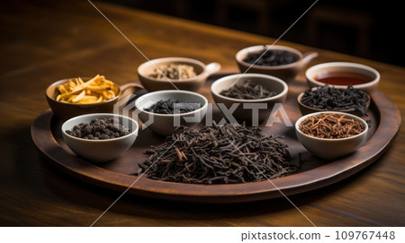 Variety of Pu-erh tea types, from raw sheng to ripe shou. Different types of teas. Japanese traditions. Tea ceremony. Cups with dried tea leaves on tray. Advertising, banner, poster, cafe. Food blog. 109767448