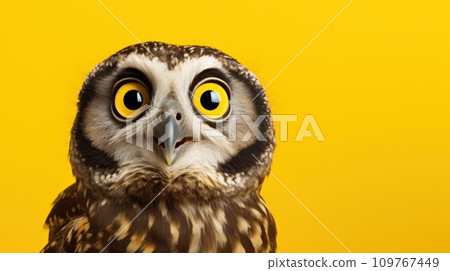 Surprised owl on yellow background. With copy space for text. Owl or eagle owl close up with large surprised yellow eyes. For poster, banner, landing page, postcard, advertising. 109767449