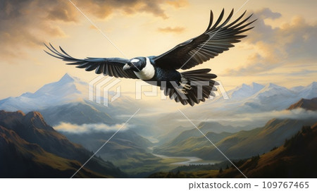 Graceful magpie in flight against mountainous horizon. Beauty of wild landscapes and majesty of birds. For cover design, stationery, scientific journal, presentation, banner, poster. Graceful magpie in flight against mountainous horizon. Beauty of wild landscapes and majesty of birds. For cover design, stationery, scientific journal, presentation, banner, poster. 109767465