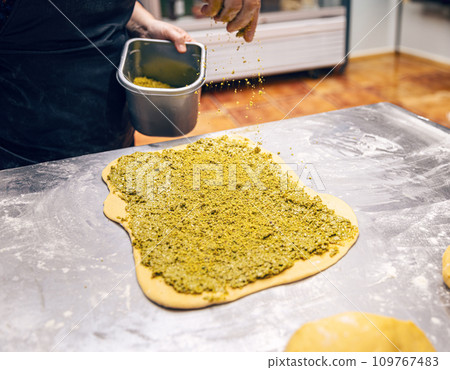 Sweet homemade pistachio babka sweet bread cake. Sweet homemade pistachio babka sweet bread cake. 109767483