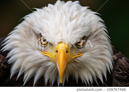 Eagle with keen gaze. Wild bird. On green background with copy space. Close up of bald eagle intense gaze, showcasing its sharp, beady eyes and distinctive plumage. Portrait of wildlife magnificence 109767486