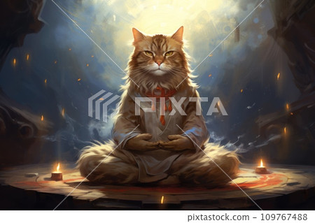 Buddhist cat meditates in cozy quiet place. Zen master kitty sits in lotus position meditates. Achieving nirvana. Harmony and balance. Contemplation and spirituality. Peace and tranquility concept Buddhist cat meditates in cozy quiet place. Zen master kitty sits in lotus position meditates. Achieving nirvana. Harmony and balance. Contemplation and spirituality. Peace and tranquility concept 109767488