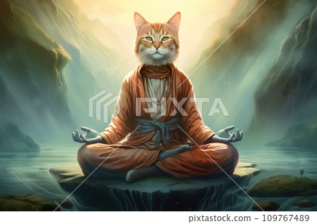 Zen cat meditates in tranquil setting. Serene feline in lotus pose seeks enlightenment inner peace. Pondering serenity and spiritual harmony. Buddhist kitty meditates. Spirituality and Self-Awareness. Zen cat meditates in tranquil setting. Serene feline in lotus pose seeks enlightenment inner peace. Pondering serenity and spiritual harmony. Buddhist kitty meditates. Spirituality and Self-Awareness. 109767489