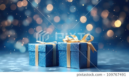 Two blue glitter Christmas gift boxes with gold bows on a New Year blue background with bokeh and snowflakes. With copy space for text. Mockup for card, greeting, banner, design, poster, wallpaper. Two blue glitter Christmas gift boxes with gold bows on a New Year blue background with bokeh and snowflakes. With copy space for text. Mockup for card, greeting, banner, design, poster, wallpaper. 109767491