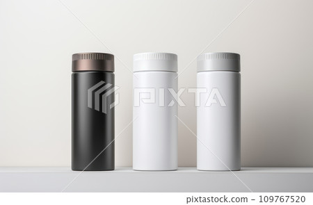 Clean mockups for cosmetic products. Three clean plastic cans for shampoo, conditioner and hair mask. Mockups for hair care products. Clean cans isolated on white background. Mockups for design Blank 109767520
