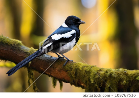 In the tranquil forest, a beautiful magpie perches on a tree branch, capturing the essence of nature and wildlife. Its striking black and white plumage contrasts with the yellow-green background In the tranquil forest, a beautiful magpie perches on a tree branch, capturing the essence of nature and wildlife. Its striking black and white plumage contrasts with the yellow-green background 109767530