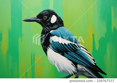 Magpie. Close-up of magpie s intricate black and white plumage against vibrant green background. Detailed shot of stunning bird. Ornithology. Scientific articles, magazines. Postcard, print, cover. 109767537
