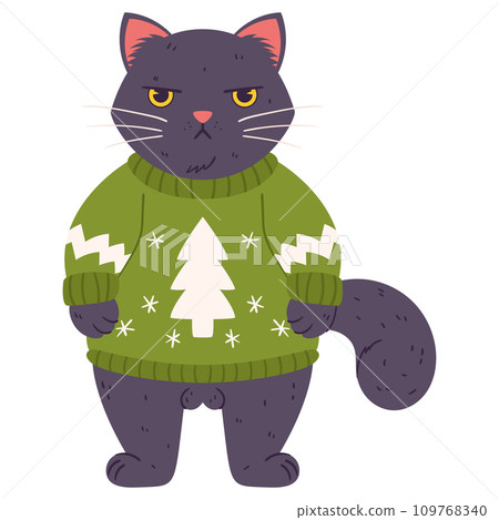A disgruntled cat stands in a Christmas sweater. Grumpy Fluffy brown colored Cat wearing a green sweater and a drawing of a pine tree on it 109768340