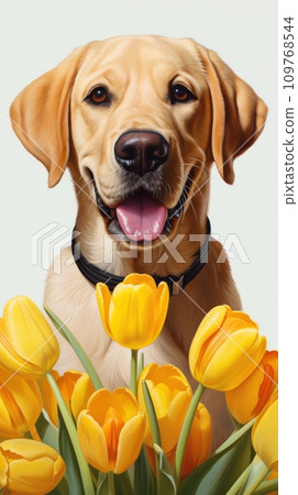A cheerful dog with a bouquet of tulips 109768544