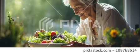 Senior woman washes various vegetables Senior woman washes various vegetables 109768614