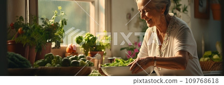 Senior woman washes various vegetables 109768618