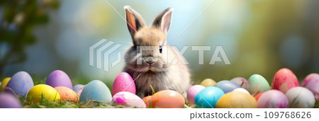 Easter bunny among Easter eggs 109768626