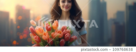 Girl holding a beautiful bouquet of tulips 109768638