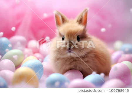Easter bunny among pastel Easter eggs Easter bunny among pastel Easter eggs 109768646