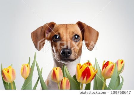 A cheerful dog with a bouquet of tulips A cheerful dog with a bouquet of tulips 109768647