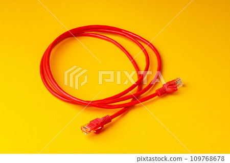 Network cable on yellow background studio shot Network cable on yellow background studio shot 109768678