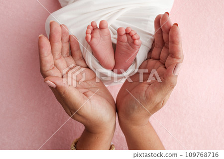 The palms of the parents, father and mother hold the legs, feet of a newborn baby in a white wrapper on a pink background. Feet, heels and toes of a newborn child close -up. Professional macro photo. 109768716