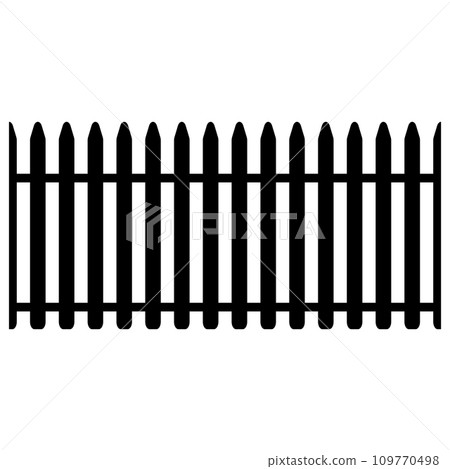 Black wooden fence silhouette isolated on white background. Decorative wood picket fence section design. Vector flat black garden picket fence design. Vector wood picket design. Seamless border. Black wooden fence silhouette isolated on white background. Decorative wood picket fence section design. Vector flat black garden picket fence design. Vector wood picket design. Seamless border. 109770498