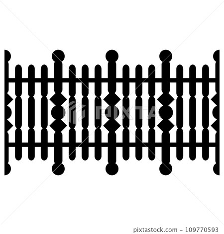 Black wooden fence silhouette isolated on white background. Decorative wood picket fence section design. Vector flat black garden picket fence design. Vector wood picket design. Seamless border. 109770593