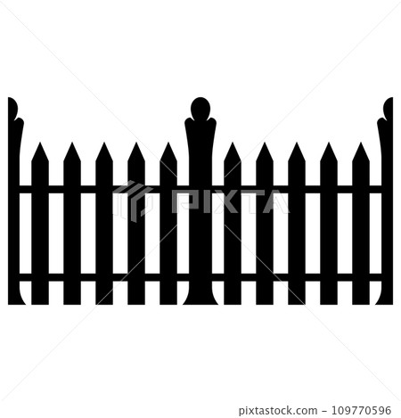 Black wooden fence silhouette isolated on white background. Decorative wood picket fence section design. Vector flat black garden picket fence design. Vector wood picket design. Seamless border. Black wooden fence silhouette isolated on white background. Decorative wood picket fence section design. Vector flat black garden picket fence design. Vector wood picket design. Seamless border. 109770596