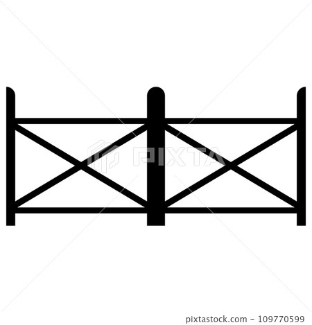 Black wooden fence silhouette isolated on white background. Decorative wood picket fence section design. Vector flat black garden picket fence design. Vector wood picket design. Seamless border. 109770599