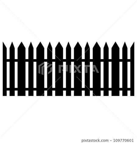 Black wooden fence silhouette isolated on white background. Decorative wood picket fence section design. Vector flat black garden picket fence design. Vector wood picket design. Seamless border. 109770601