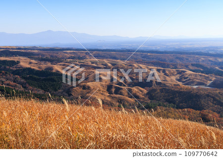 秋天的平野台高原,美麗的彩色田野和山脈(阿蘇郡南小國町) 秋天的平野台高原,美麗的彩色田野和山脈(阿蘇郡南小國町) 109770642