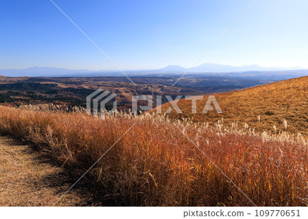 秋天的平野台高原，美麗的彩色田野和山脈（阿蘇郡南小國町） 109770651