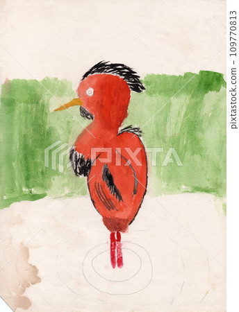 Children drawing of bird standing on one leg. Child drawing. Red crane painted 109770813