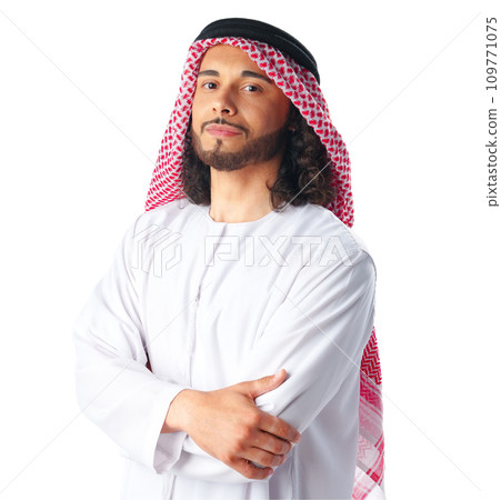Portrait of a young Arab man wearing middle-eastern traditional dress thobe isolated on white 109771075