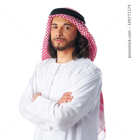 Portrait of a young Arab man wearing middle-eastern traditional dress thobe isolated on white 109771174