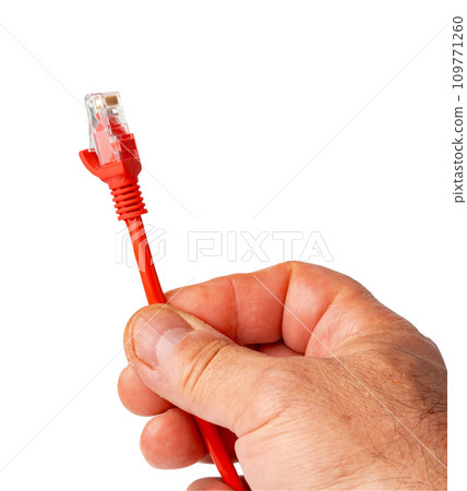 Man's hand holding internet cable on white background Man's hand holding internet cable on white background 109771260