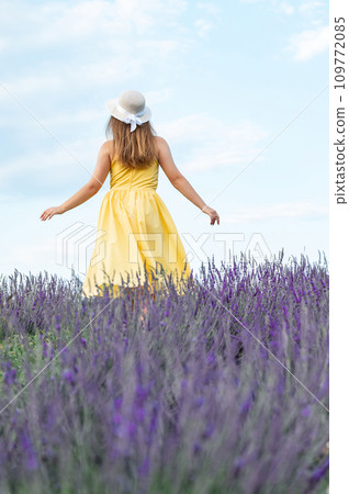 A girl in a yellow dress walks through a lavender field. 109772085
